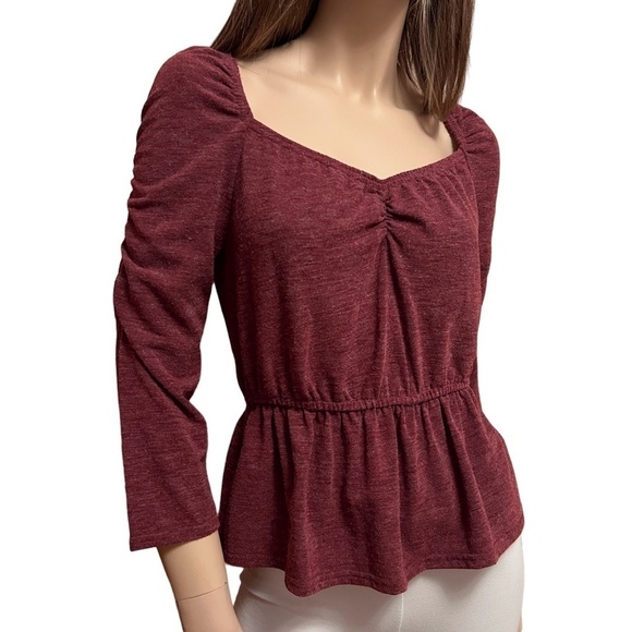 Anthropologie Moon River Peplum Top Blouse Heather Burgundy Ruched Shirred Back - Picture 3 of 16